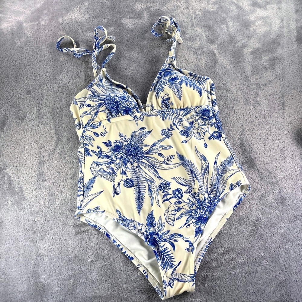 Kona Sol Swimsuit Women M Full Coverage Blue Cream Floral Hummingbird One Piece